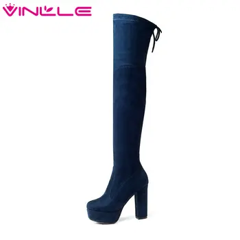 

VINLLE 2020 Women Over The Knee Boots Square High Heel Pointed Toe Fashion Women Shoes Elastic band Women Boots Size 34-43
