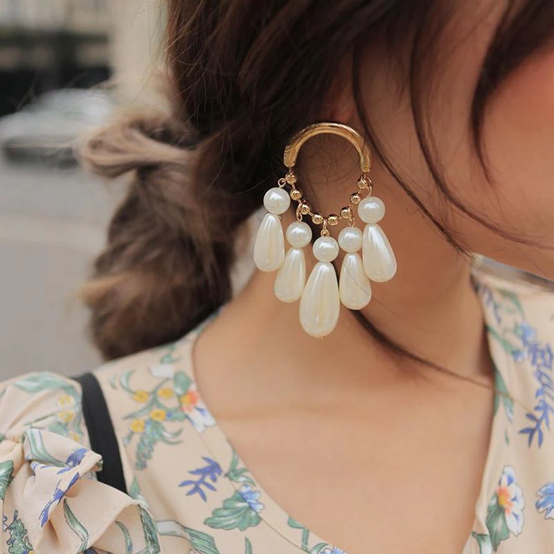 

Korean Fashion Big Simulated Pearl Earrings Women Elegant Wedding Party New Year Gift Simple Water Drop Long Earrings Accessory
