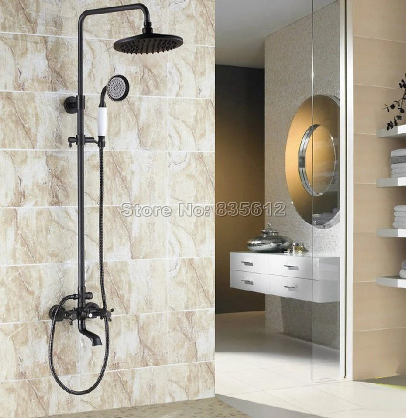 

Bathroom Wall Mounted Black Oil Rubbed Bronze Luxury Dual Handles Rain Shower Faucet Set with Bathtub Mixer Taps Wrs382