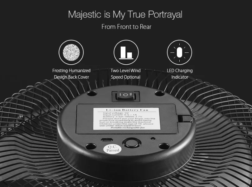 Digoo DF-101 10 дюймов Большой полностью черный металлический Электрический вращающийся USB Перезаряжаемый 18650 аккумулятор крутой Настольный вентилятор