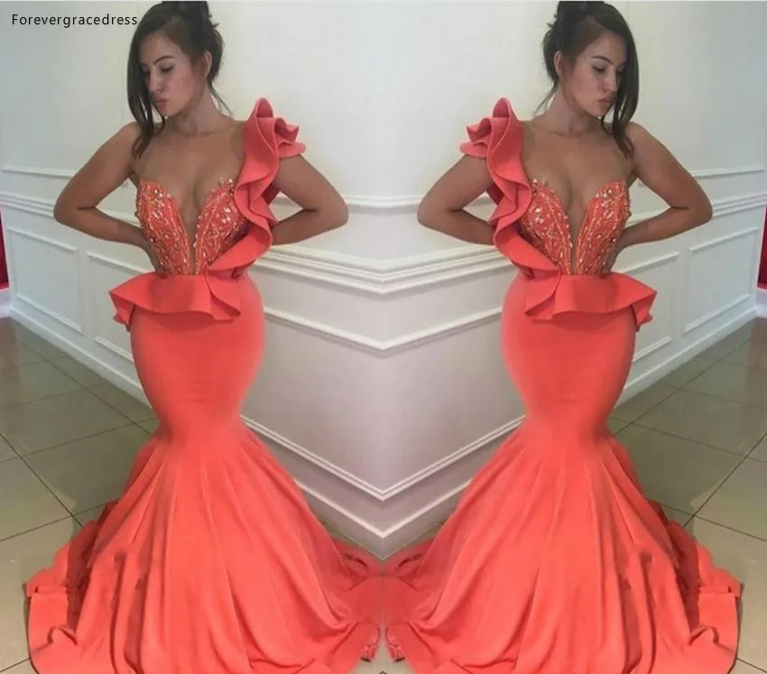 

2019 Cheap Coral Evening Dress One Shoulder With Peplum Beaded Long Holiday Wear Pageant Prom Party Gown Custom Made Plus Size