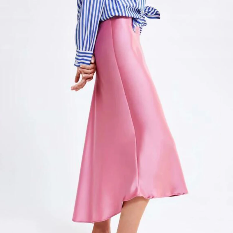

Womens Silk Pink Irregular Hem Elegant Skirts Solid A-line High Waist Woman Long Skirt 2019 Summer Casual Loose Female Bottoms
