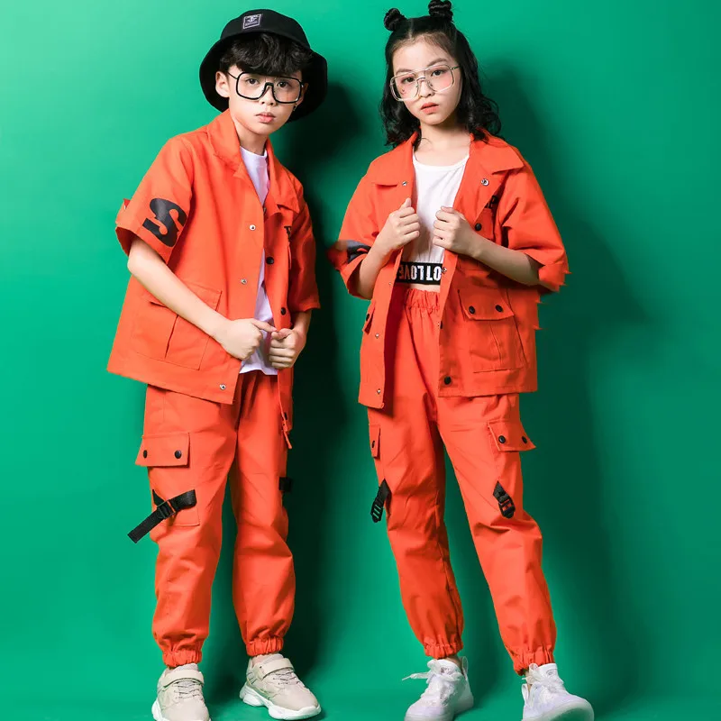 Three-piece Suit Hip Hop Clothing Kids Orange Coat Long Sleeve T-Shirt Clothes Boys Girls Jazz Street Dance Costumes Clothes (10)