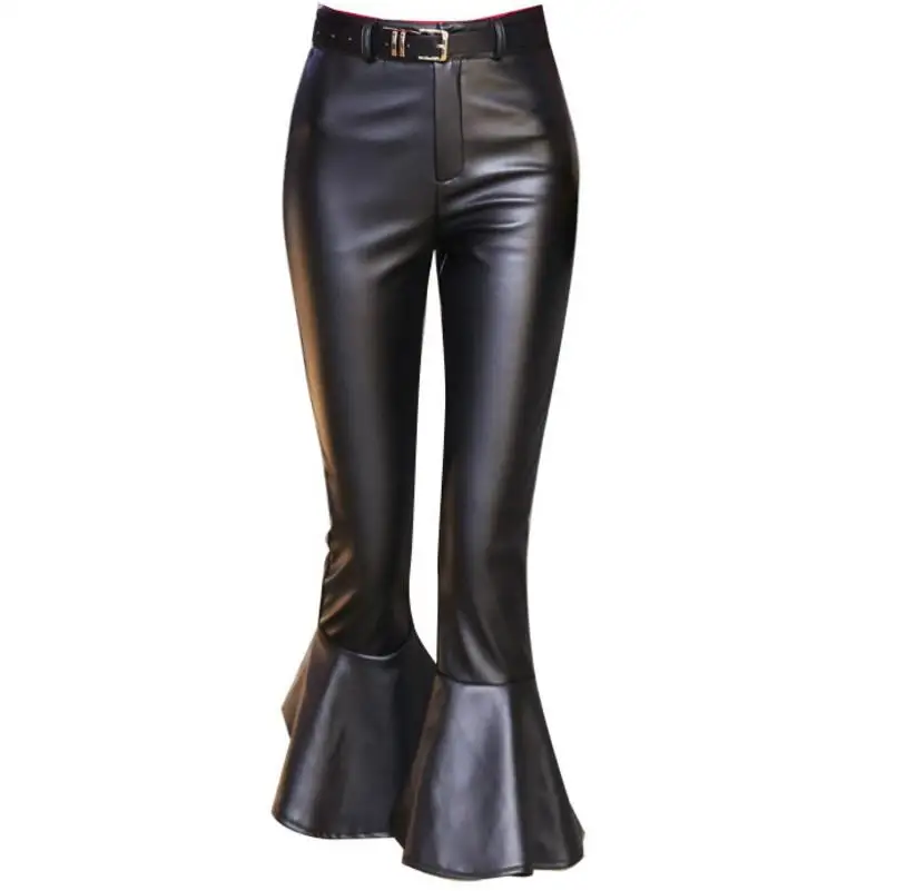 Autumn winter new fashion high waist women Faux Leather PU Flare Pants ...