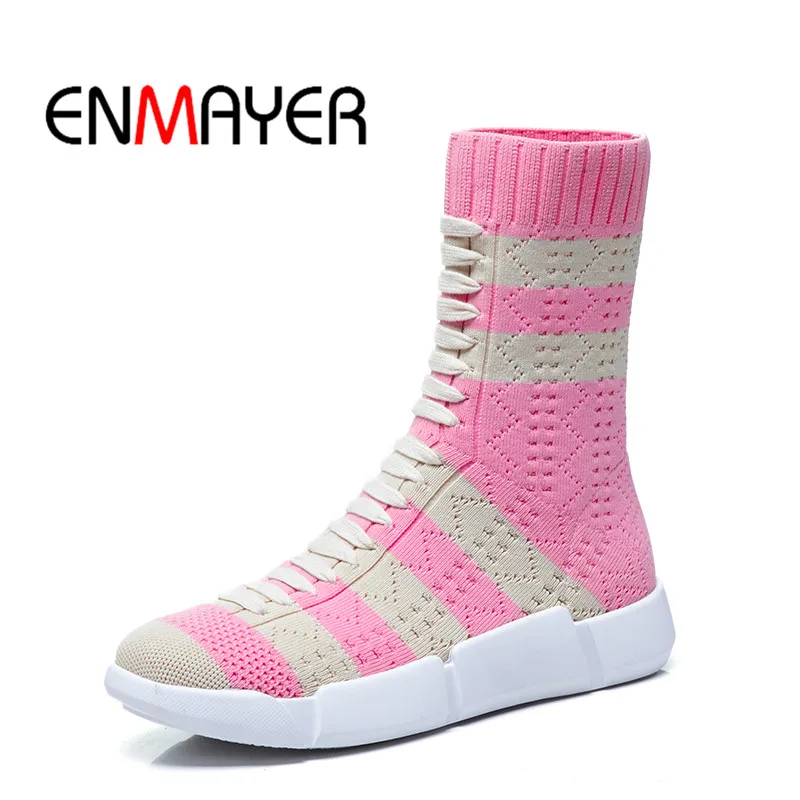 

ENMAYER Women Ankle boots Knitting boots Size 33-40 Causal Round Toe Wedges Slip on stripe Short boots Med heels shoes CR1336