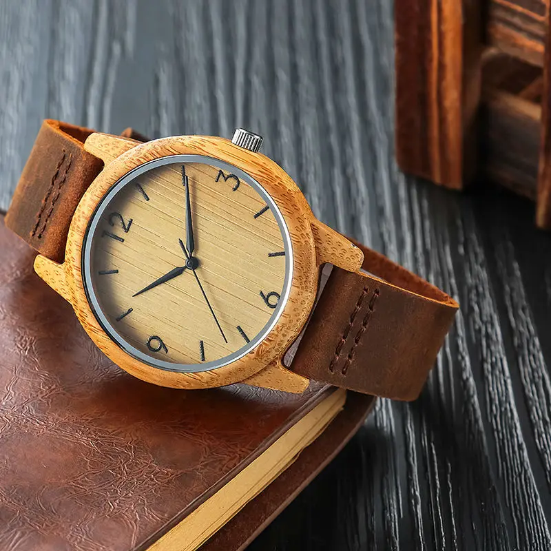 SIHAIXIN Bamboo Wood Watches Male Genuine Leather Watchband Clock Relogio Masculino Mens Wood Gift Watch Unique