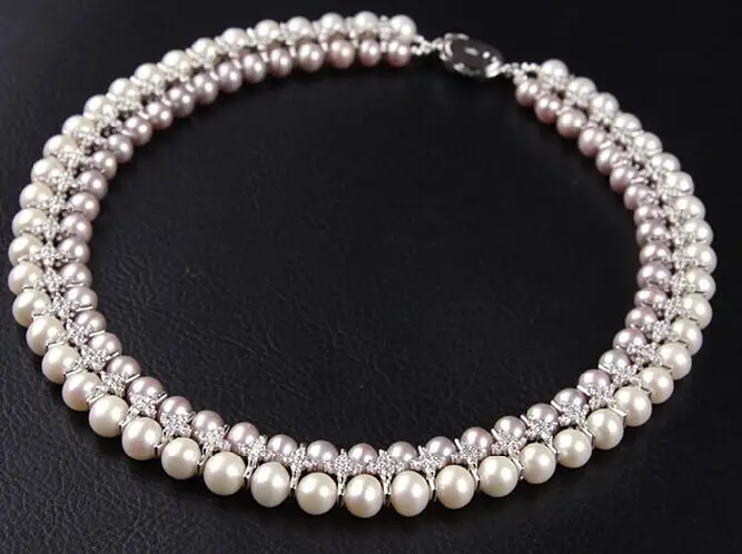 

wholesale latest new design jewelry 2rows natural AA 9-10mm white&gray freshwater pearl necklace 006