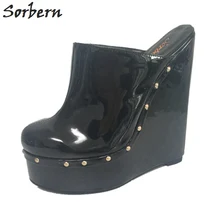 Sorbern/черные туфли на высоком каблуке 20 см, на танкетке, с острым носком, теплые туфли-лодочки без шнуровки женская обувь на танкетке размер 42, лакированная искусственная кожа, на заказ