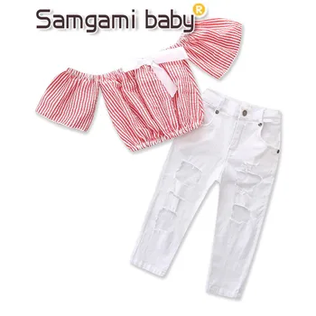 

SAMGAMI BABY Toddler Girls Summer Clothing Red Stripes Tops Ripped Jeans Broken Hole Jeans 2pcs Girl Clothes Set Children Suit