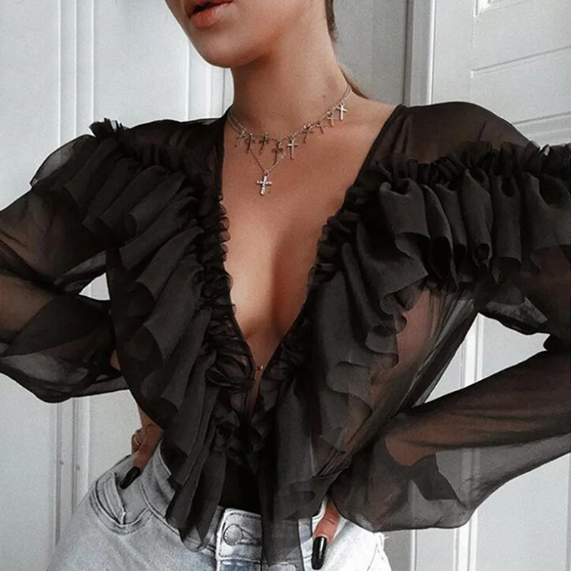 Women Jumpsuit Long Sleeves Lace Women Bodysuit Sexy V-neck Tops Blouse Ruffle Mesh Perspective Summer Tops Body Mujer - Цвет: Черный