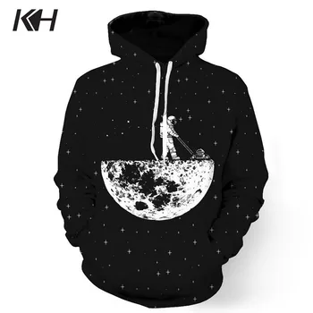 

KH Spring Autumn Fashion Casual Hooded Pullovers Men 3D Space Astronaut Printing Long-sleeved Plus size Black Hoodies Sweatshirt