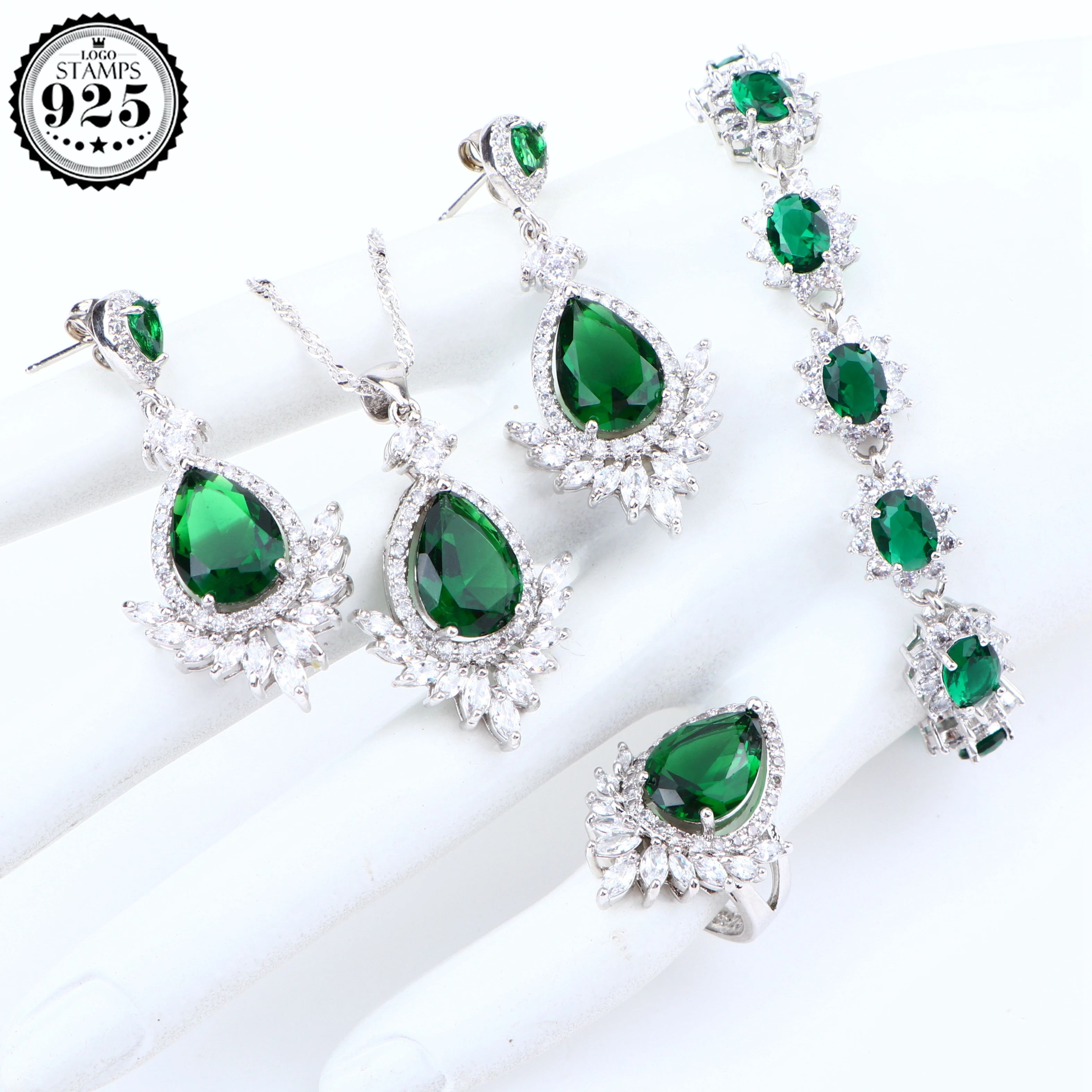 Свадебный зеленый циркониевый свадебный комплекты украшений для женщин серебро 925 ювелирные кольца браслет серьги подвеска ожерелье Набор подарочных коробок