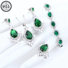 Свадебный зеленый циркониевый свадебный комплекты украшений для женщин серебро 925 ювелирные кольца браслет серьги подвеска ожерелье Набор подарочных коробок