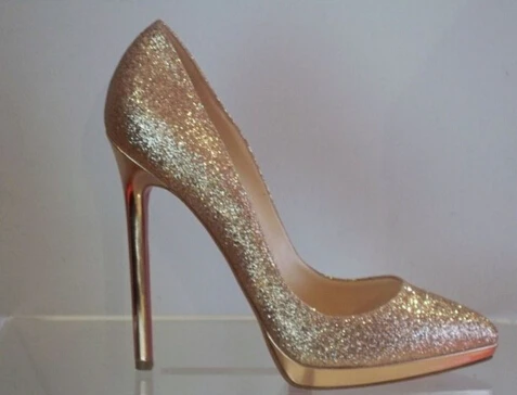 EU 34 45 Gold Glitter Pointed Toe Red Bottom High Heels Thin Heel Pumps Ladies Wedding Shoes ...