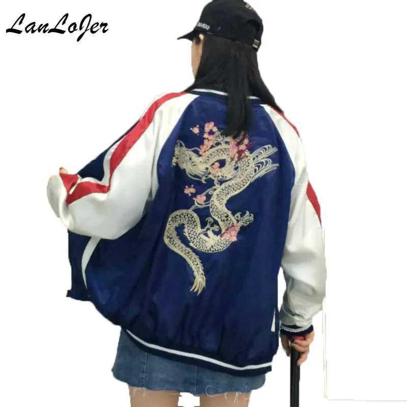 Шикарная куртка-бомбер унисекс в стиле Харадзюку; Короткая атласная куртка с вышивкой дракона; свободная бейсбольная куртка на молнии; верхняя одежда