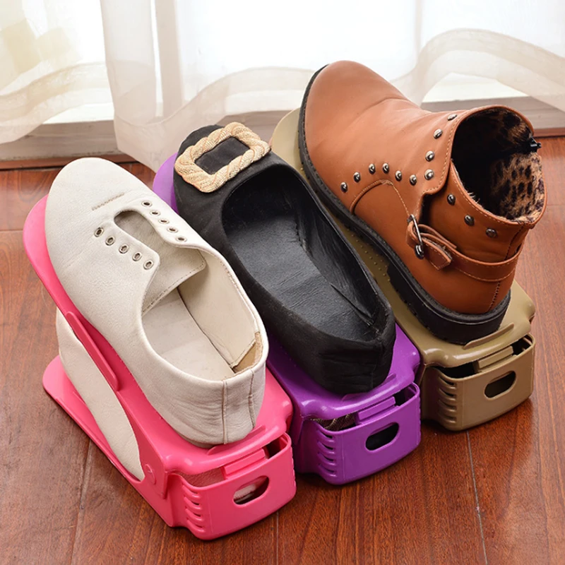 

Simple adjustable double shoe rack DIY plastic portable thicker durable storage display rack space saving convenient shoe box