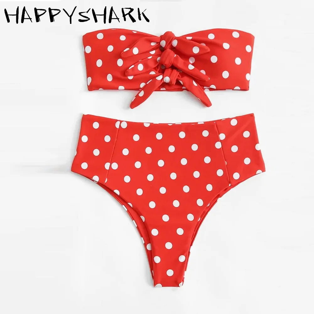 

HAPPYSHARK High Waist Bandeau Bikinis Summer Polka Dot Women 2 Pcs Swimwear Beach Butterfly Tie Swimsuit Cut Out Beachwear Red