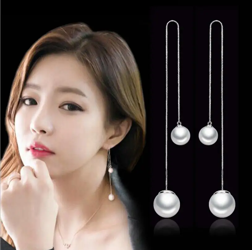 

Fashion 925-sterling-silver Simulated Pearl Chain Earring Ear Line Long Earrings 12cm For Women boucle d'oreille S-E87