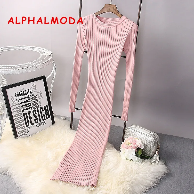 

ALPHALMODA Autumn Winter Women New Knitted Long-sleeved Dress High Slit Buttons Closure Female Sexy Bottom Stretchy Dress