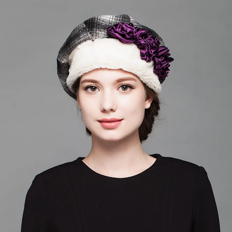 Новое поступление, модная теплая шапка, женская элегантная шерстяная шапка с цветами, восьмиугольная шапка для девочек, корейский теплый берет, шапка, B-7567 - Цвет: Черный