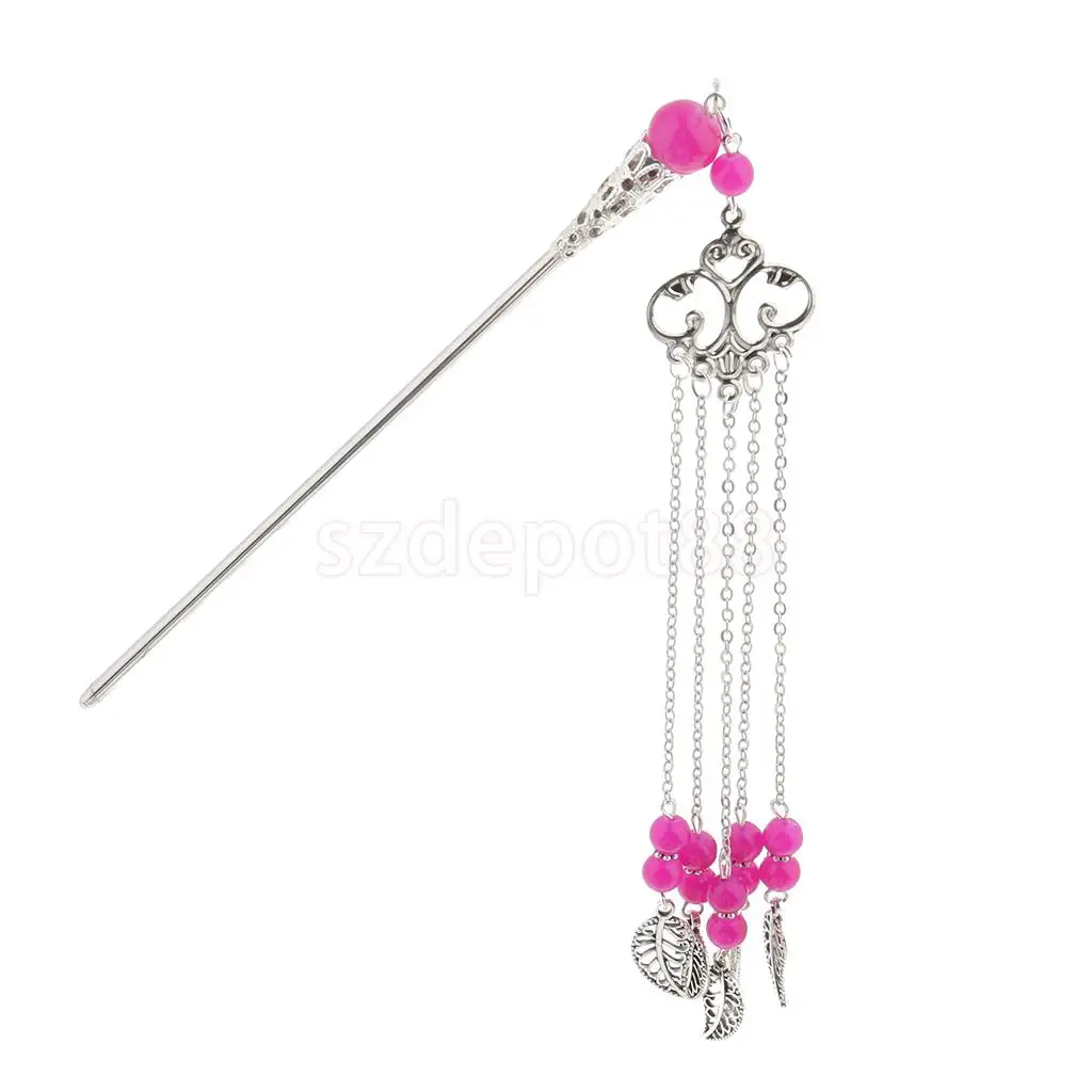 Solid Metal Tasel with Beads Stick Pin Hanfu Dress Ancient Chinese Cosplay Drama Girls Cute Hair Pin