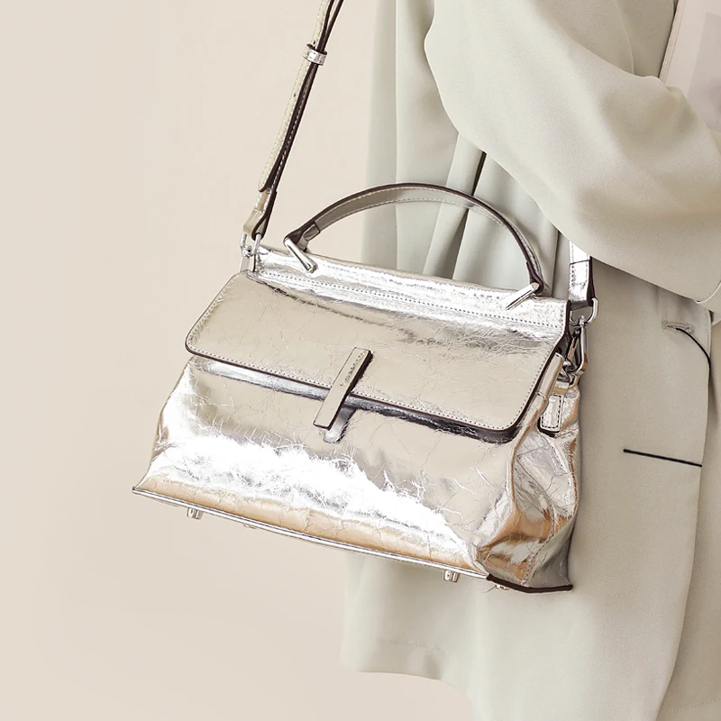 

WOONAM Women Fashion Handbag Top Hide Genuine Calf Leather Metallic Color Top Handle Trapeze Tote Bag WB1018