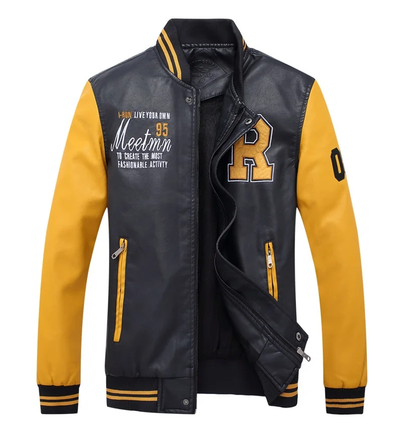 

2019 new Baseball Jacket Embroidered Leather Pu Coats Slim Fit College Fleece Pilot Jackets Men's Stand Collar Jacket Coat