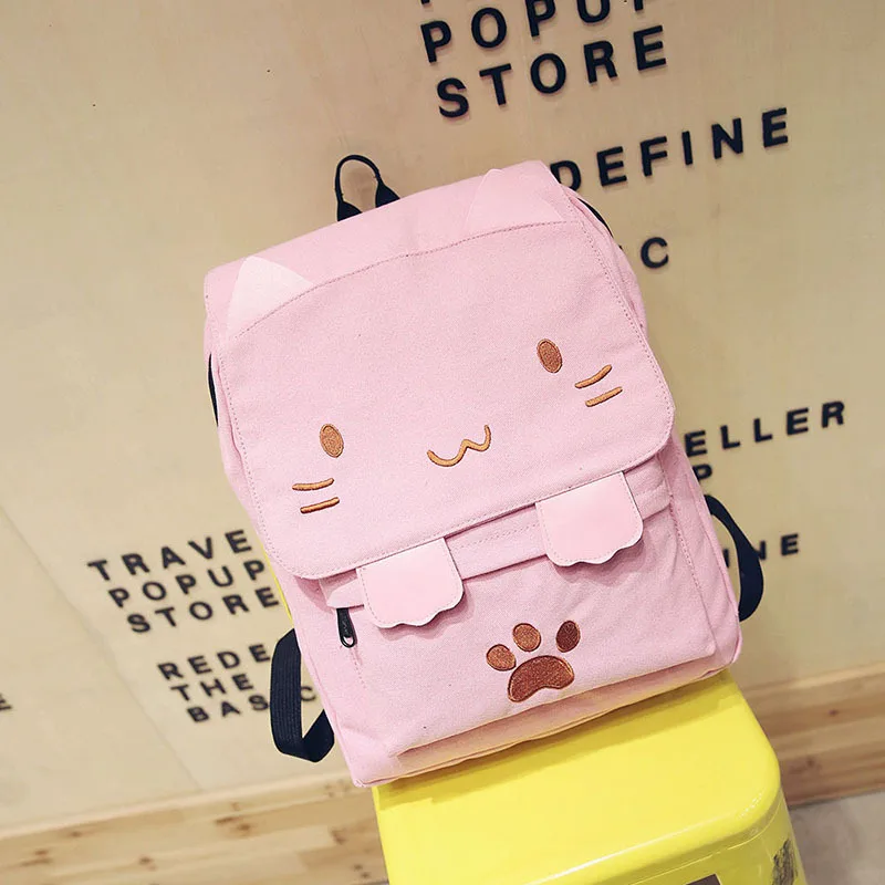 DemonChest Black College Cute Cat Embroidery Canvas School Backpack Bags  for Kids Kitty(Pink)