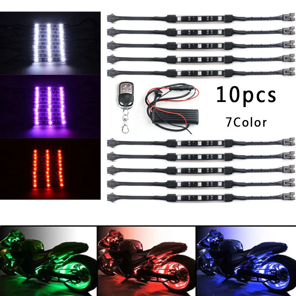 1Set 10pcs 12V 50W RGB Motorcycle Underglow Flexible Neon LED Accent Light Strip 7Color Decoration Kit 10cm