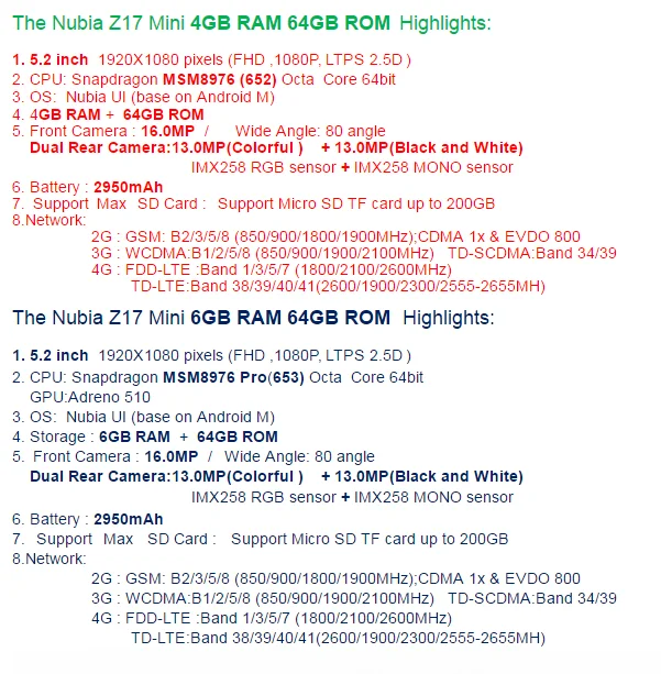 Мобильный телефон Nubia Z17 mini LTE 4G, 4 ГБ/6 ГБ ОЗУ, 64 Гб ПЗУ, 5,2 дюймов, четыре ядра, двойная камера заднего вида, 13 МП+ 13 МП, отпечаток пальца, NFC