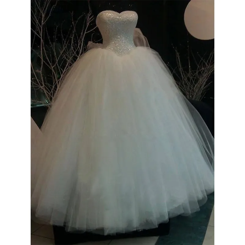 400 Sweetheart Neckline Pearls Lace Floor-Length Ball Gown Wedding Dress Beaded Bodice Luxury Bridal Gown 265 (4)
