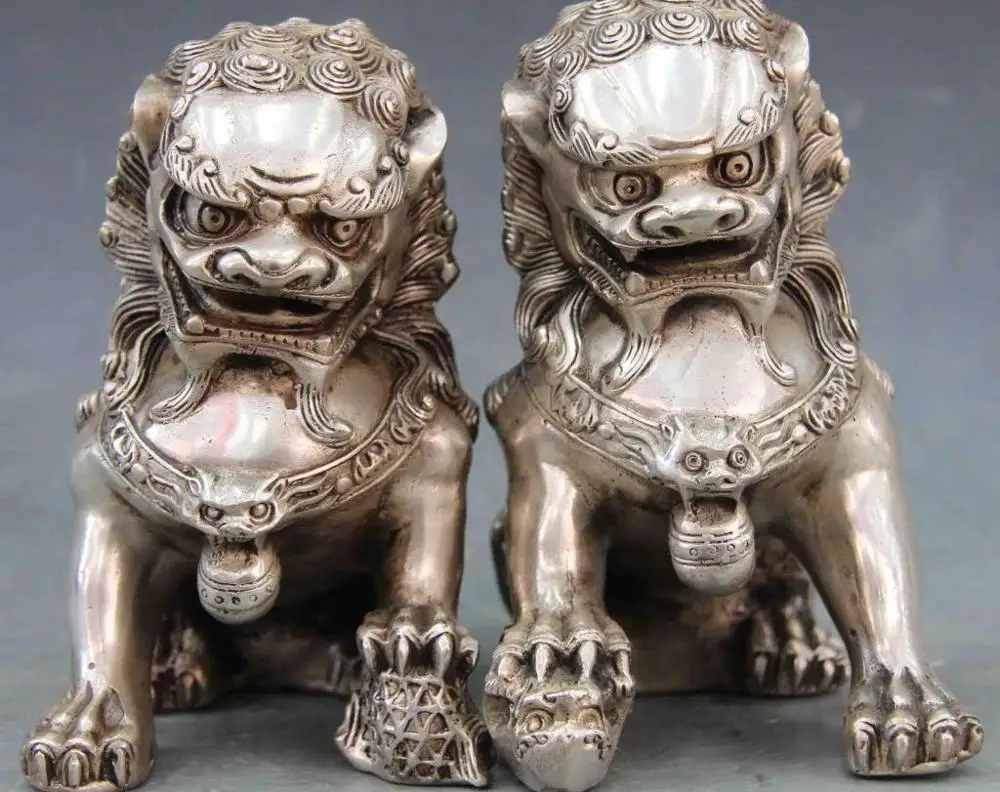 

Chinese White Copper Silver Fengshui Evil Foo Dog Lion Kilin Brave troops Pair