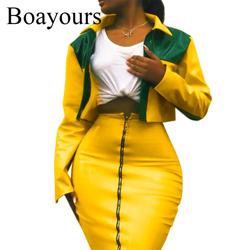Boayours New PU Leather Two Piece Pencil Skirt Set Women Top Yellow Zipper Long Sleeve Skirts 