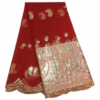 

2018 African George Lace Fabric With Red Gold Sequins Lace Nigerian George Wrapper High Quality African Fabric For Dress 5 yd