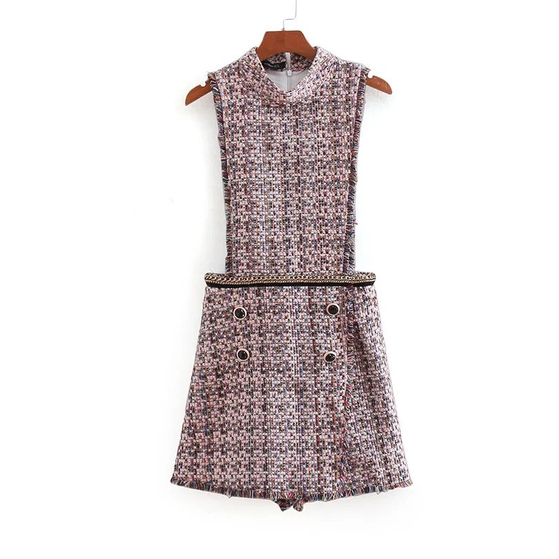 Arvinxia ZA Vintage Plaid Tweed Woman Playsuits New Tassels Sleeveless Ladies Rompers Buttons Split O Neck Office Female Bottoms - Цвет: Women Playsuits