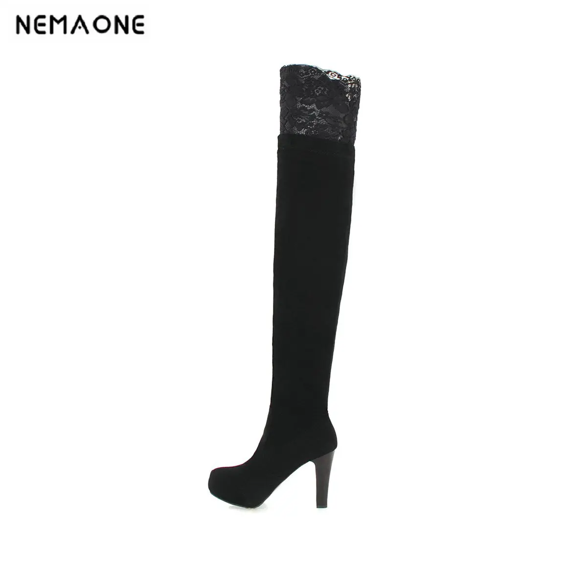 

NEMAONE Over The Knee Boots woman Winter rouned Toe Warm super high heels Women Boots Lady sexy lace Boots Big Size 34-43