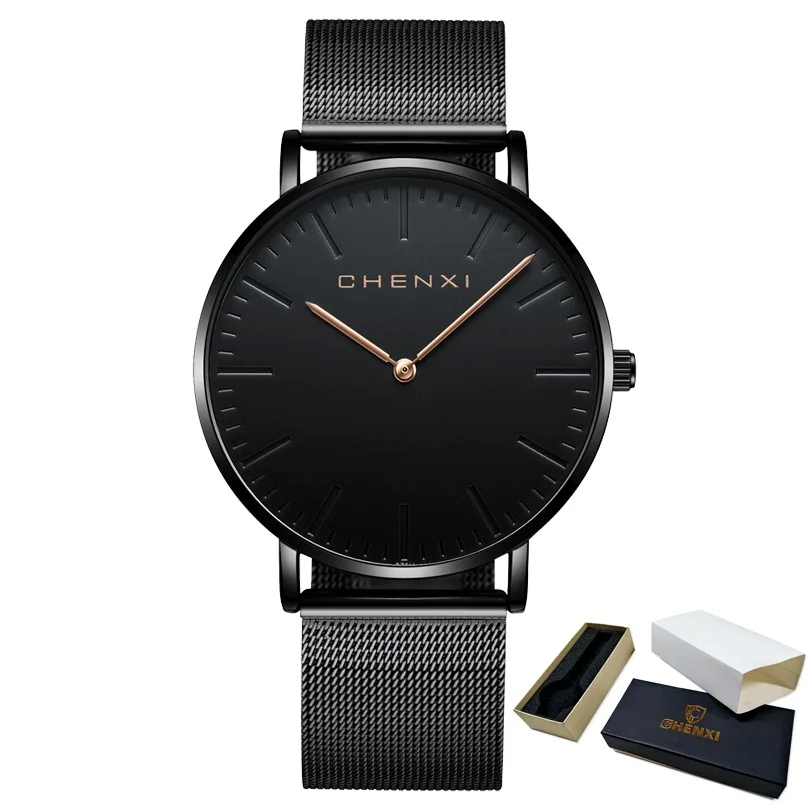 Men All Black Box CHENXI брендовые модные наручные часы для влюбленных, ЖЕНСКИЕ НАРЯДНЫЕ часы, женские кварцевые часы, мужские повседневные ультратонкие часы с сетчатым ремешком - Цвет: Men All Black Box
