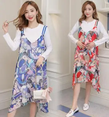 Hot Maternity Sets 2018 Autumn Winter New Long-sleeved T-shirt + Printed Sling Dress Two-piece Set Breastfeeding Clothes QL688