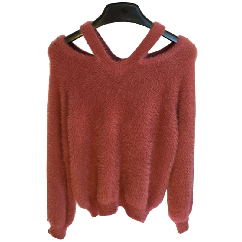 

2018 New Thick warm Autumn And Winter Fashion loose Korean Sexy V-neck Solid off shoulder knitted mohair sweater Female NW772