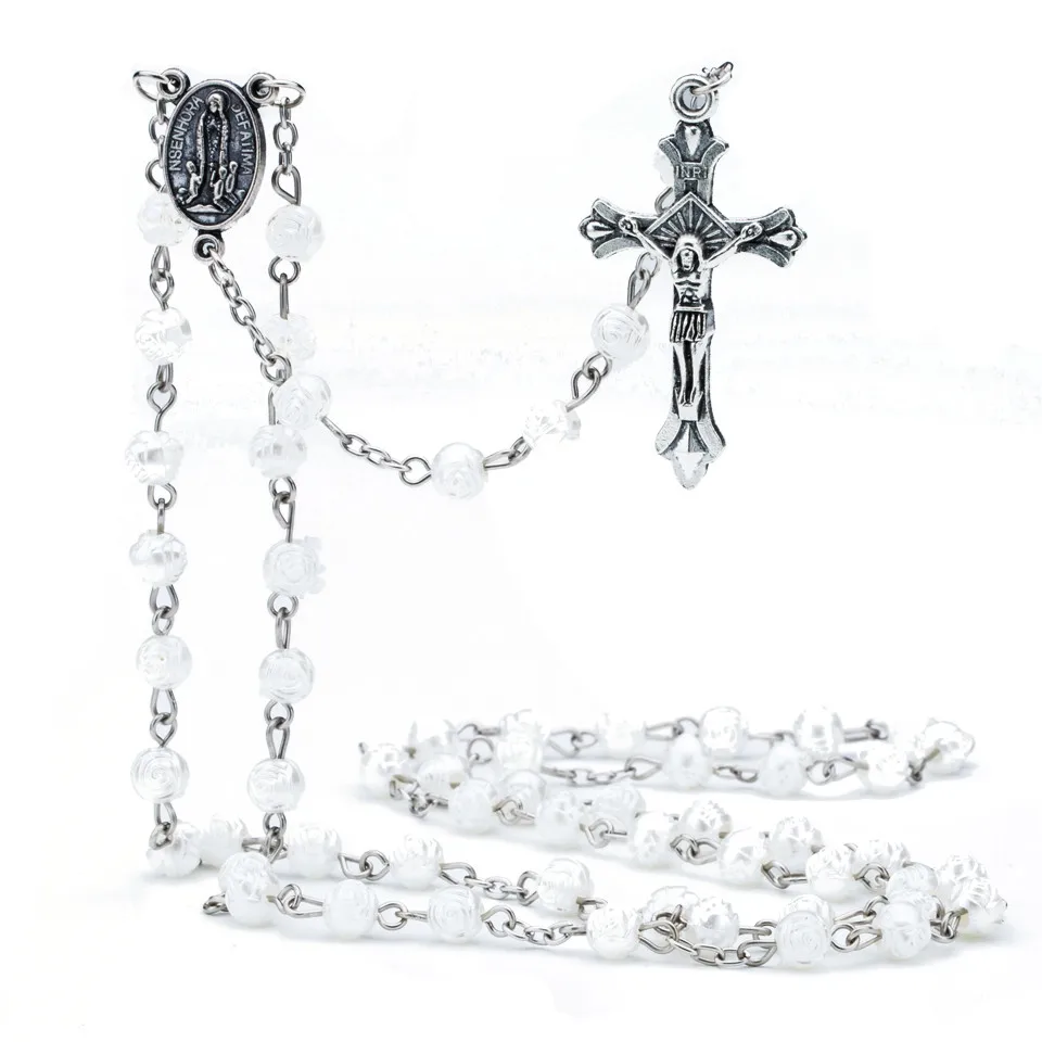 Шарм 6 мм белые четки пластиковые бусины Длинная цепочка DIY ожерелье s для женщин крест Иисуса Христа кулон модное ожерелье ювелирные изделия