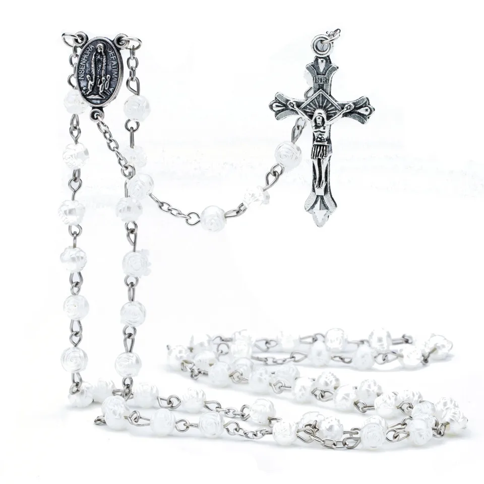 

New Charm 6mm White Rosary Plastic Beads Long Chain DIY Necklaces For Women Jesus Christ Cross Pendent Fashion Necklace Jewelry
