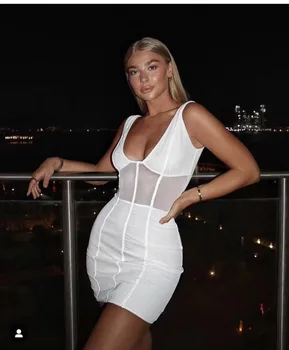 

New Summer Style Black and White Color Rayon Bandage Dreess V-Neck Sexy Mesh Bodycon Mini Dress Club Night Dress