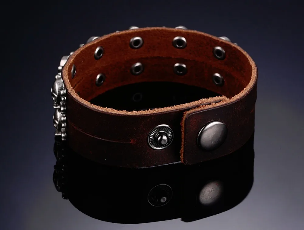 Mens Womens Punk Leather Bracelets 2 Row Skull Head Crossbone Heavily Metal Style Wristband Cuff Bracelet Men Hiphop Adjustable Jewelry 110