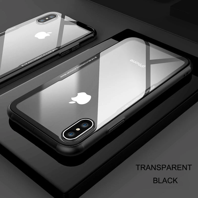 Роскошный чехол из закаленного стекла для iPhone 6, 6s, 7, 8 plus, X, чехол, стеклянная крышка для iPhone 7, x, 6, 8 plus, чехол для телефона i, чехол для телефона 7, 6, 8 plus - Цвет: Transparent Black