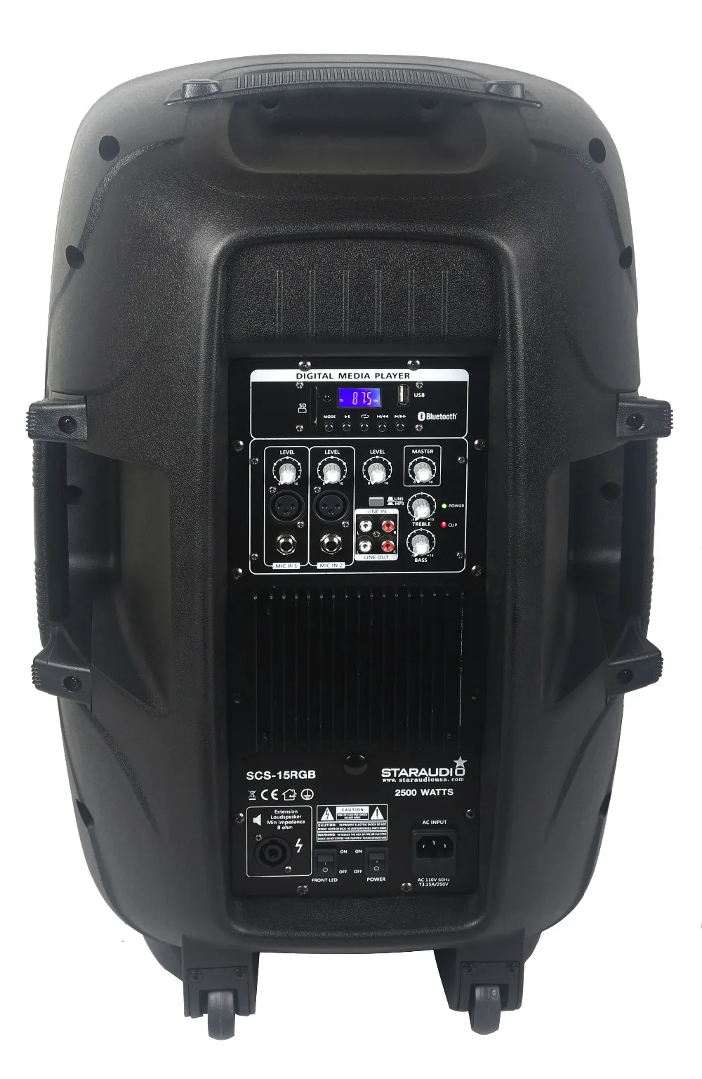 15inch 2500w  powered dj pa stage spekaer bluetooth usb sd card player stage party show school play rgb led light speakers