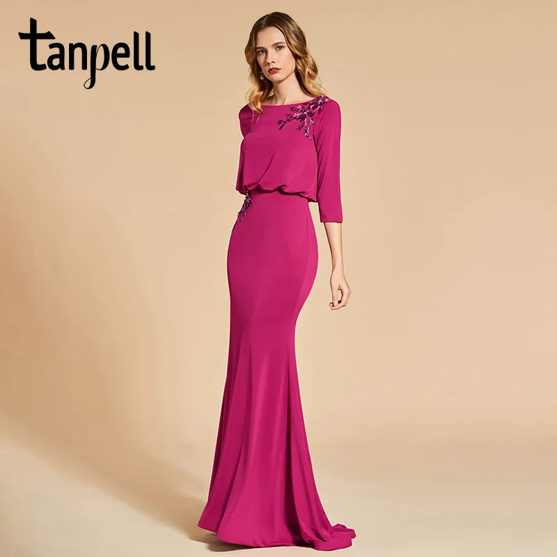 

Tanpell bateau neck evening dress rose red 3/4 sleeves floor length gown women appliques plus customed mermaid evening dresses