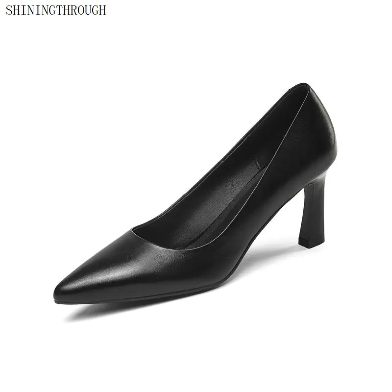 

100% cow leather spring Autumn high Heels Shoes Slip On lo work dress Shoes woman Pumps Shallow Mouth Lady Shoes