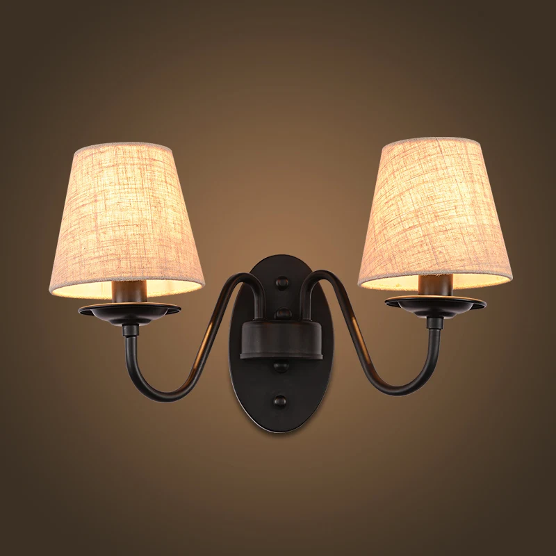 

Two lamp arms Bedroom Wall Lamp American Rustic Sconce Half Fabric Lampshade Bedside hotel guest room wall lamp E14 110-240V
