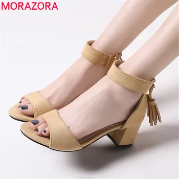 

MORAZORA 2019 new arrival women sandals flock simple high heels shoes zip solid colors summer shoes fashion dress shoes woman