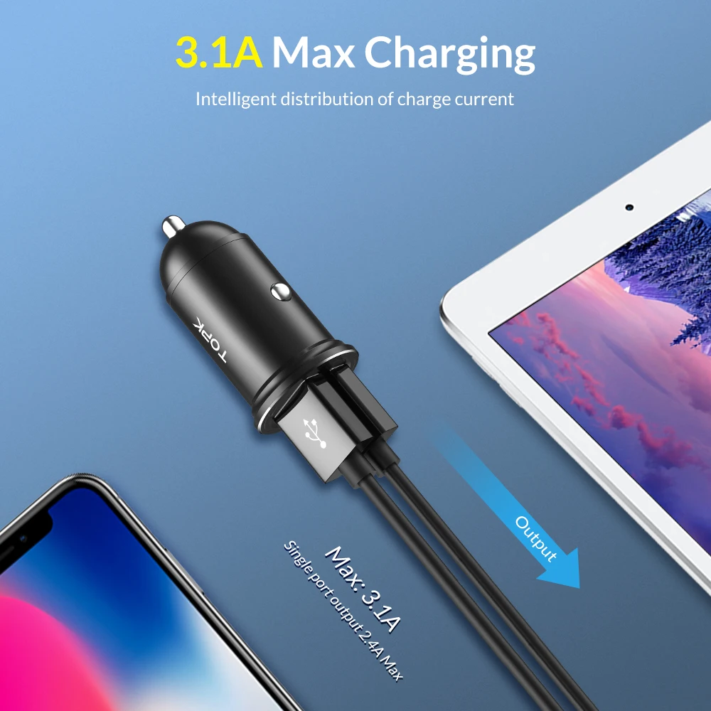 TOPK G203 мини USB Автомобильное зарядное устройство для iPhone Xiaomi Мобильный телефон планшет 3.1A Быстрая зарядка двойной USB Автомобильное зарядное устройство адаптер в автомобиль